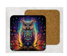 Load image into Gallery viewer, Hardboard Cork Back Set of 4 Square Coasters Gift Housewarming Home Neon Colorful Owls