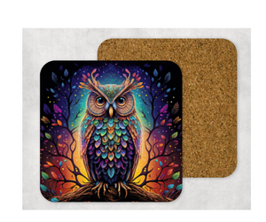 Hardboard Cork Back Set of 4 Square Coasters Gift Housewarming Home Neon Colorful Owls