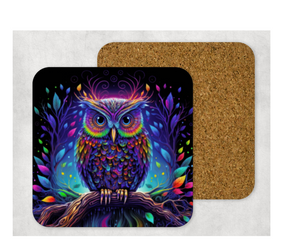 Hardboard Cork Back Set of 4 Square Coasters Gift Housewarming Home Neon Colorful Owl