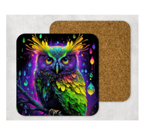 Load image into Gallery viewer, Hardboard Cork Back Set of 4 Square Coasters Gift Housewarming Home Neon Colorful Owl