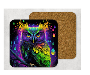 Hardboard Cork Back Set of 4 Square Coasters Gift Housewarming Home Neon Colorful Owl