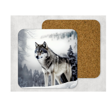 Load image into Gallery viewer, Hardboard Cork Back Set of 4 Square Coasters Gift Housewarming Home Wolves Wolf Winter