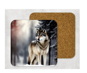 Hardboard Cork Back Set of 4 Square Coasters Gift Housewarming Home Wolves Wolf Winter