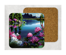 Load image into Gallery viewer, Hardboard Cork Back Set of 4 Square Coasters Gift Housewarming Home Water Lake Florals Mountains