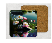 Load image into Gallery viewer, Hardboard Cork Back Set of 4 Square Coasters Gift Housewarming Home Water Lake Florals Mountains