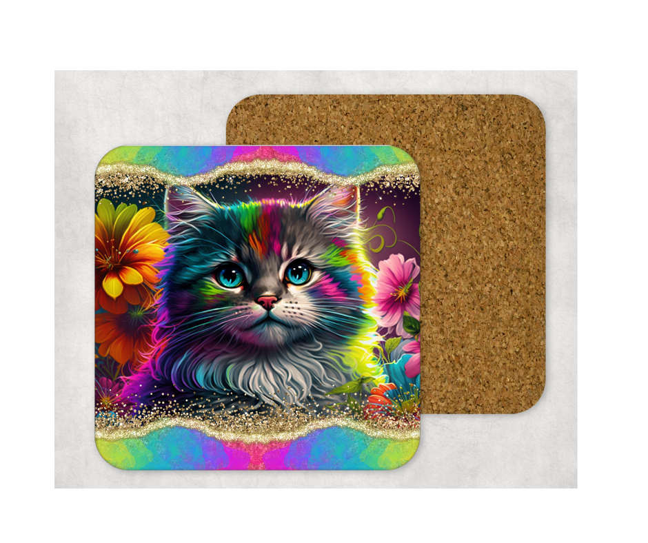 Hardboard Cork Back Single One Square Coaster Gift Housewarming Home Neon Cat Kitten