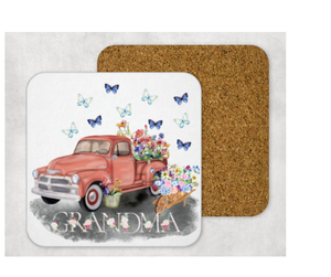 Hardboard Cork Back Single One Square Coaster Gift Housewarming Home Red Truck Grandma Butterfly
