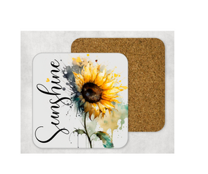 Hardboard Cork Back Single One Square Coaster Gift Housewarming Home Watercolor Sunflower Sunshine