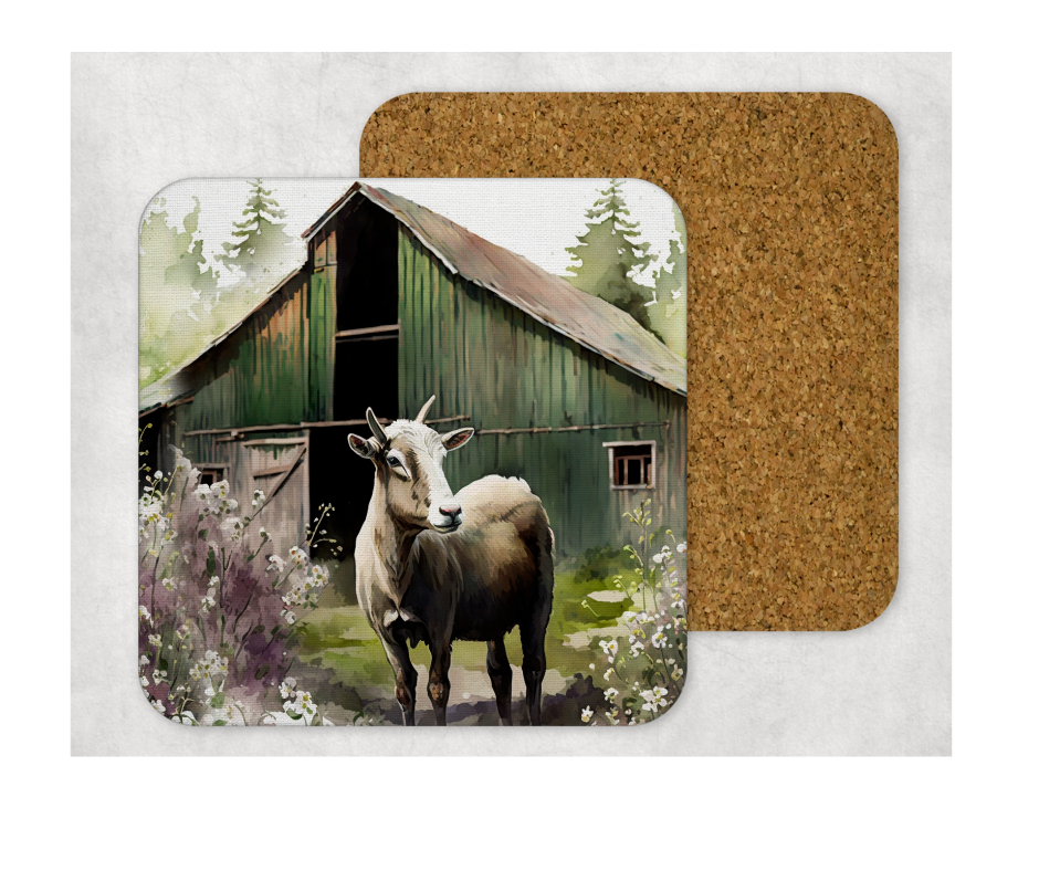 Hardboard Cork Back Set of 4 Square Coasters Gift Housewarming Home Barn Farm Animals Goat Pig Donkey Horse