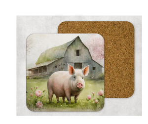 Hardboard Cork Back Set of 4 Square Coasters Gift Housewarming Home Barn Farm Animals Goat Pig Donkey Horse
