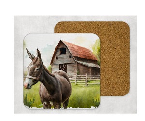 Hardboard Cork Back Set of 4 Square Coasters Gift Housewarming Home Barn Farm Animals Pig Donkey Horse Cow