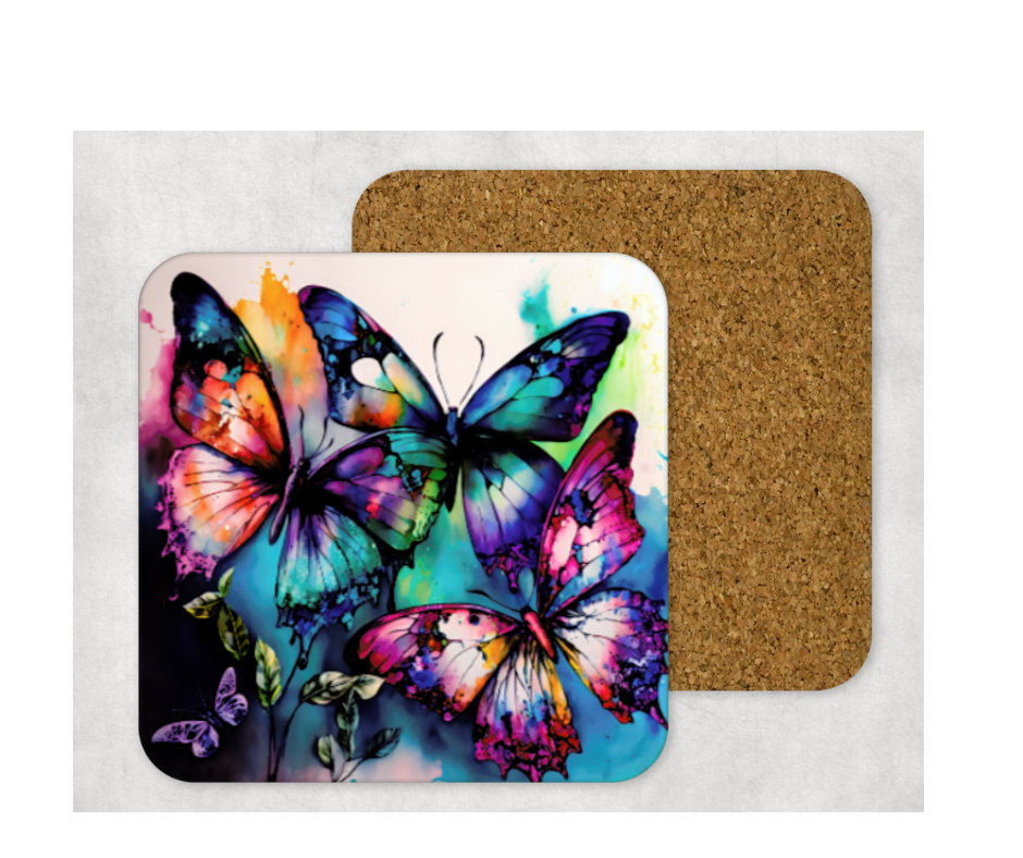 Hardboard Cork Back Single One Square Coaster Gift Housewarming Home Watercolor Butterfly Butterflies