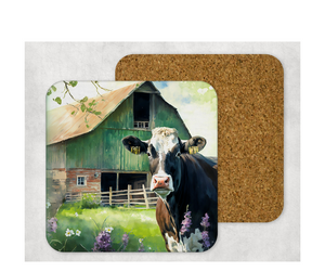 Hardboard Cork Back Set of 4 Square Coasters Gift Housewarming Home Barn Farm Animals Pig Donkey Horse Cow