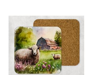 Hardboard Cork Back Set of 4 Square Coasters Gift Housewarming Home Barn Farm Animals Donkey Horse Cow Sheep
