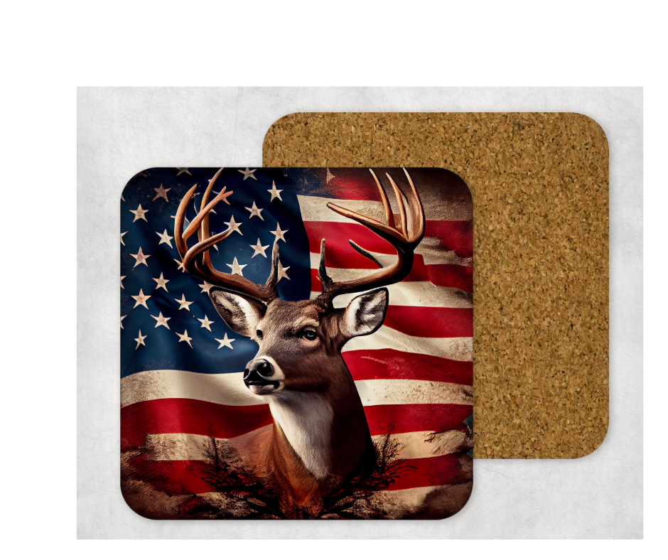 Hardboard Cork Back Single One Square Coaster Gift Housewarming Home USA Flag Deer Hunting