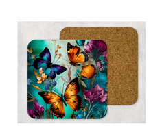 Load image into Gallery viewer, Hardboard Cork Back Set of 4 Square Coasters Gift Housewarming Home Neon Butterfly