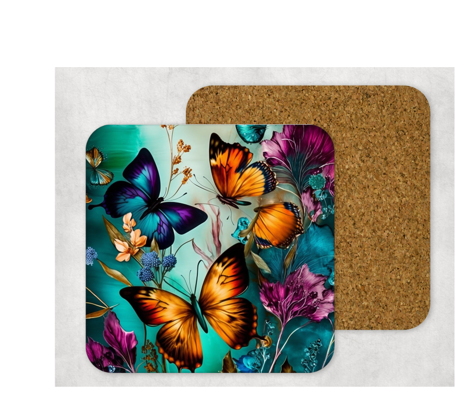 Hardboard Cork Back Set of 4 Square Coasters Gift Housewarming Home Neon Butterfly