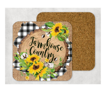 Load image into Gallery viewer, Hardboard Cork Back Set of 4 Square Coasters Gift Housewarming Home Sunflowers Burlap Black White Plaid Blessed Thankful Farmhouse Grace