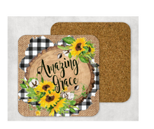 Load image into Gallery viewer, Hardboard Cork Back Set of 4 Square Coasters Gift Housewarming Home Sunflowers Burlap Black White Plaid Blessed Thankful Farmhouse Grace