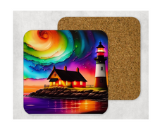 Load image into Gallery viewer, Hardboard Cork Back Set of 4 Square Coasters Gift Housewarming Home Lighthouse House Water