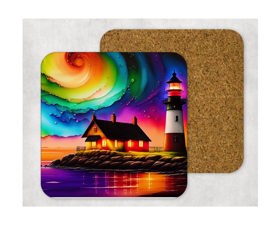 Hardboard Cork Back Set of 4 Square Coasters Gift Housewarming Home Lighthouse House Water