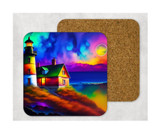 Load image into Gallery viewer, Hardboard Cork Back Set of 4 Square Coasters Gift Housewarming Home Lighthouse House Water
