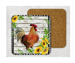Hardboard Cork Back Set of 4 Square Coasters Gift Housewarming Home Sunflowers Black White Rooster Cow Pig Goat