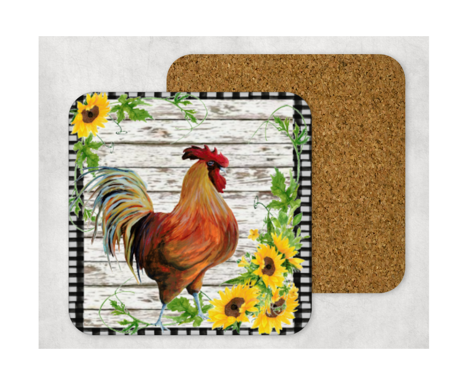 Hardboard Cork Back Set of 4 Square Coasters Gift Housewarming Home Sunflowers Black White Rooster Cow Pig Goat