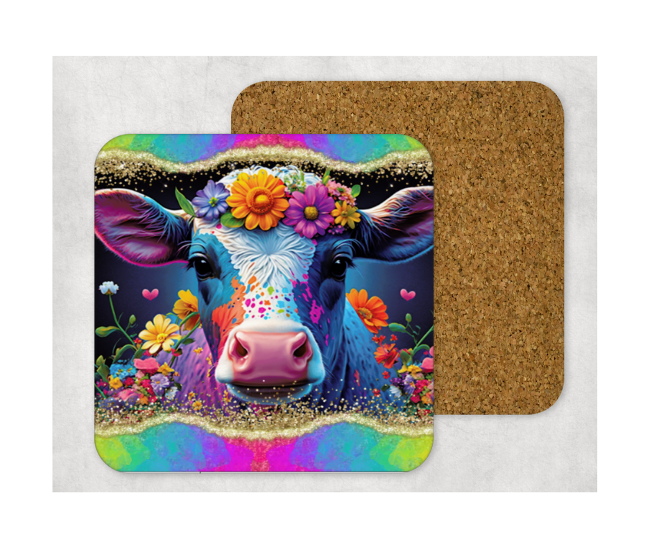Hardboard Cork Back Single One Square Coaster Gift Housewarming Home Neon Cow Floral