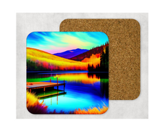 Load image into Gallery viewer, Hardboard Cork Back Set of 4 Square Coasters Gift Housewarming Home Lake Dock Water Trees Canoe