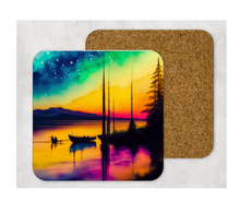 Load image into Gallery viewer, Hardboard Cork Back Set of 4 Square Coasters Gift Housewarming Home Lake Dock Water Trees Canoe