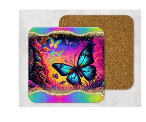 Hardboard Cork Back Single One Square Coaster Gift Housewarming Home Neon Butterfly Butterflies