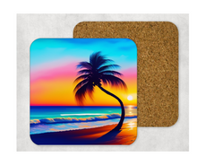 Load image into Gallery viewer, Hardboard Cork Back Set of 4 Square Coasters Gift Housewarming Home Palm Tree Beach Sand Sunset