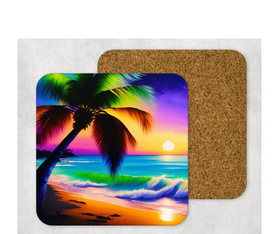Hardboard Cork Back Set of 4 Square Coasters Gift Housewarming Home Palm Tree Beach Sand Sunset