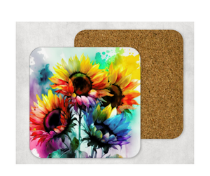 Hardboard Cork Back Set of 4 Square Coasters Gift Housewarming Home Watercolor Sunflowers Floral