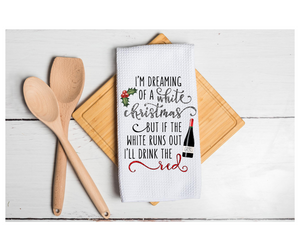 Waffle Towel Kitchen Bath 16" X 24" Dreaming White Christmas Run Out Drink Red Wine Bottle