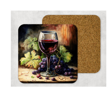 Load image into Gallery viewer, Hardboard Cork Back Set of 4 Square Coasters Gift Housewarming Home Red Wine Glasses Grapes