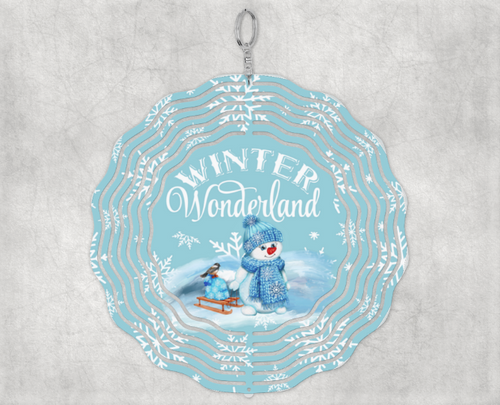 Wind Spinner Porch Yard Garden Ornament 10 Inch Size Winter Wonderland Snowman Bird Sled Blue