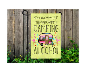 Yard Flag Garden Flag 12" x 18" Polyester Camping Campsite What Rhymes Camping Alcohol Flamingos Yellow