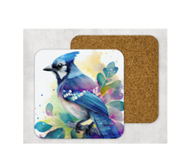 Load image into Gallery viewer, Hardboard Cork Back Set of 4 Square Coasters Gift Housewarming Home Bluejay Bird Outdoors