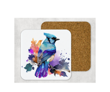 Load image into Gallery viewer, Hardboard Cork Back Set of 4 Square Coasters Gift Housewarming Home Bluejay Bird Outdoors
